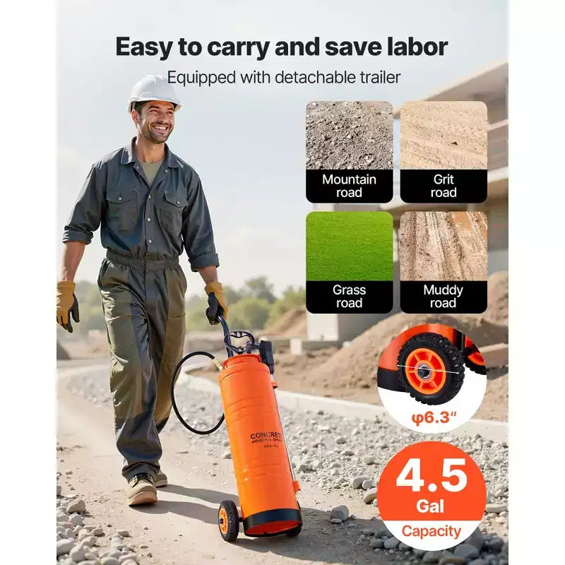 VEVOR Industrial Sprayer, 4.5 Gallons Large Capacity, Stainless Steel Concrete Sprayer with Ergonomic Handle & Removable Cart, 48 & 120 Hose,Orange