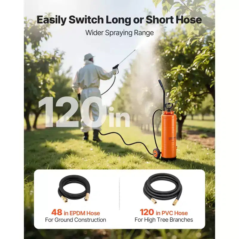 VEVOR Industrial Sprayer, 4.5 Gallons Large Capacity, Stainless Steel Concrete Sprayer with Ergonomic Handle & Removable Cart, 48 & 120 Hose,Orange