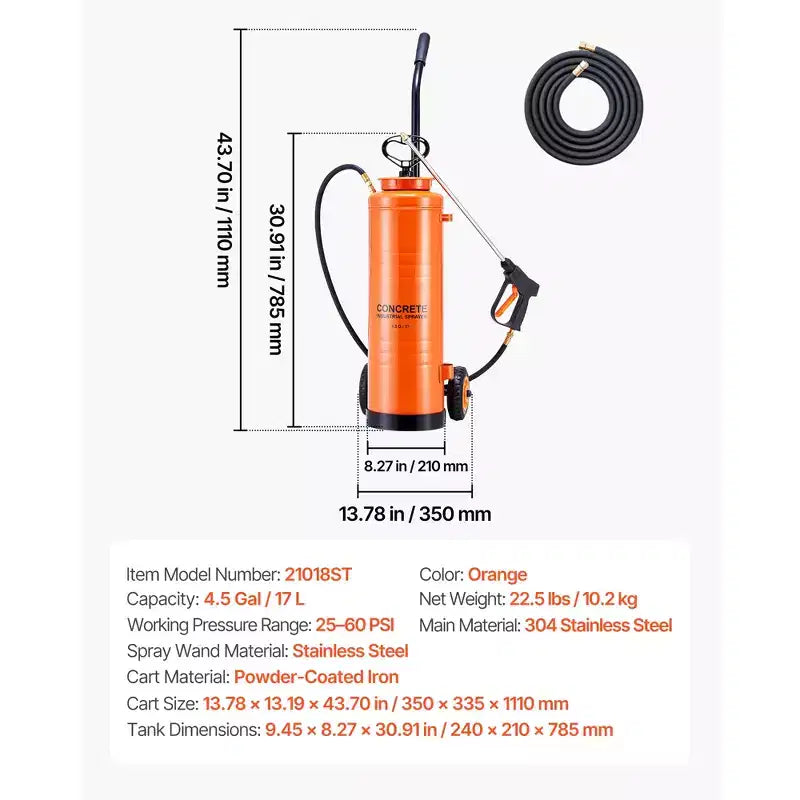 VEVOR Industrial Sprayer, 4.5 Gallons Large Capacity, Stainless Steel Concrete Sprayer with Ergonomic Handle & Removable Cart, 48 & 120 Hose,Orange