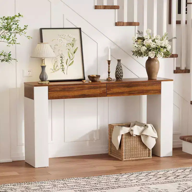 Long Console Table with 2 Drawers,Farmhouse Entryway Table Behind Couch,Wooden Foyer Stand Entry Station, Modern Hallway Accent Furniture