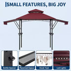 8x5 ft BBQ Grill Gazebo with Adjustable Dual Side Awnings 2-Tier Shelter with 2 Shelves Hooks 4 Lights Steel Frame Canopy for Backyard Garden