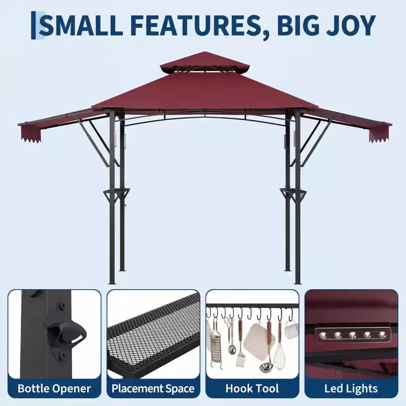 8x5 ft BBQ Grill Gazebo with Adjustable Dual Side Awnings 2-Tier Shelter with 2 Shelves Hooks 4 Lights Steel Frame Canopy for Backyard Garden