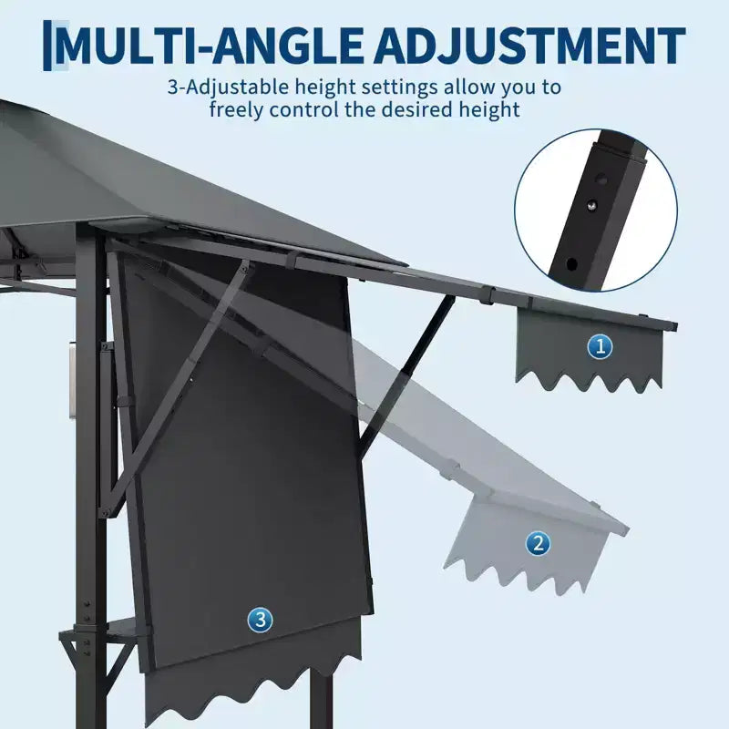 8x5 ft BBQ Grill Gazebo with Adjustable Dual Side Awnings 2-Tier Shelter with 2 Shelves Hooks 4 Lights Steel Frame Canopy for Backyard Garden