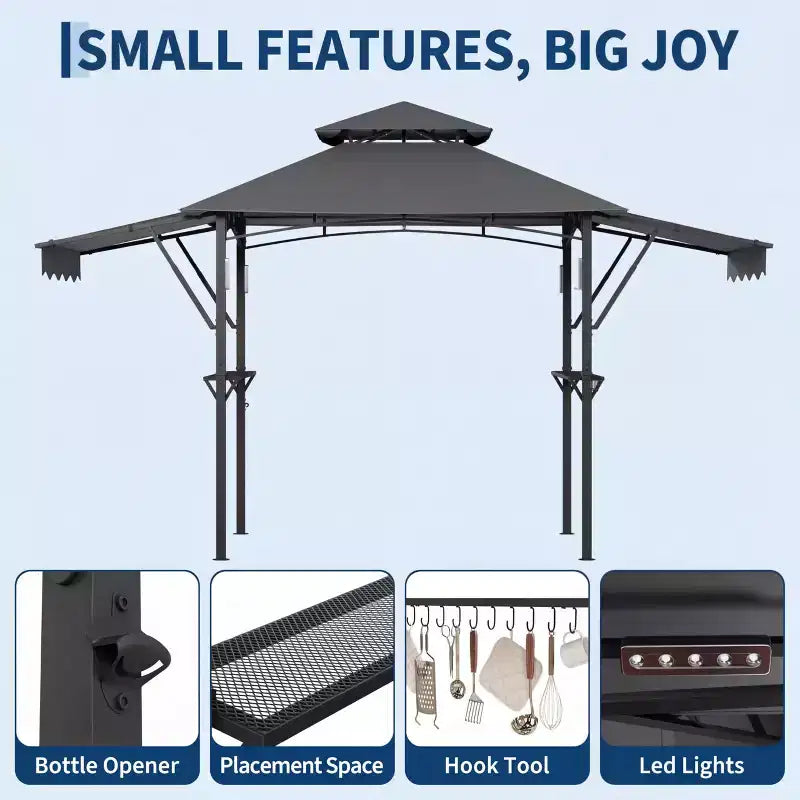 8x5 ft BBQ Grill Gazebo with Adjustable Dual Side Awnings 2-Tier Shelter with 2 Shelves Hooks 4 Lights Steel Frame Canopy for Backyard Garden