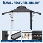 8x5 ft BBQ Grill Gazebo with Adjustable Dual Side Awnings 2-Tier Shelter with 2 Shelves Hooks 4 Lights Steel Frame Canopy for Backyard Garden