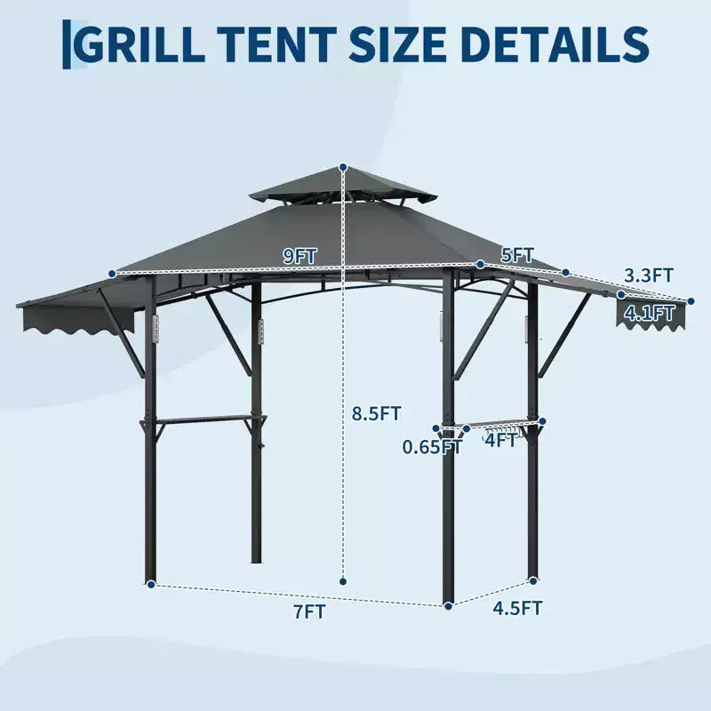8x5 ft BBQ Grill Gazebo with Adjustable Dual Side Awnings 2-Tier Shelter with 2 Shelves Hooks 4 Lights Steel Frame Canopy for Backyard Garden
