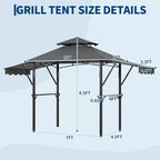 8x5 ft BBQ Grill Gazebo with Adjustable Dual Side Awnings 2-Tier Shelter with 2 Shelves Hooks 4 Lights Steel Frame Canopy for Backyard Garden