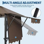 8x5 ft BBQ Grill Gazebo with Adjustable Dual Side Awnings 2-Tier Shelter with 2 Shelves Hooks 4 Lights Steel Frame Canopy for Backyard Garden