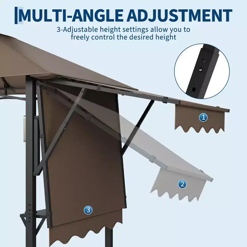 8x5 ft BBQ Grill Gazebo with Adjustable Dual Side Awnings 2-Tier Shelter with 2 Shelves Hooks 4 Lights Steel Frame Canopy for Backyard Garden