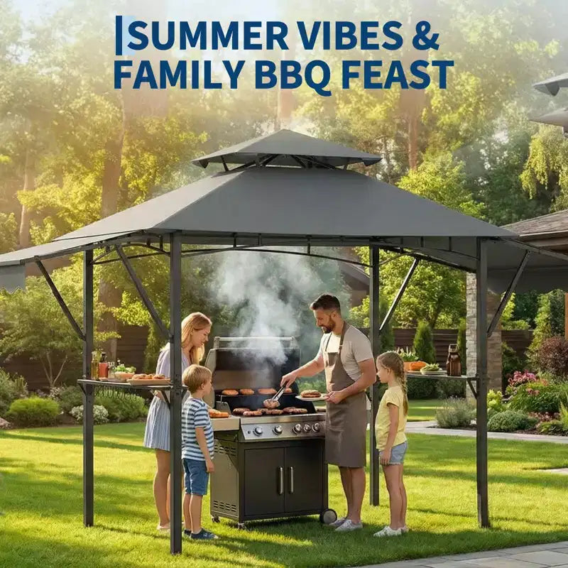 8x5 ft BBQ Grill Gazebo with Adjustable Dual Side Awnings 2-Tier Shelter with 2 Shelves Hooks 4 Lights Steel Frame Canopy for Backyard Garden