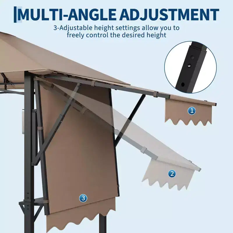 8x5 ft BBQ Grill Gazebo with Adjustable Dual Side Awnings 2-Tier Shelter with 2 Shelves Hooks 4 Lights Steel Frame Canopy for Backyard Garden