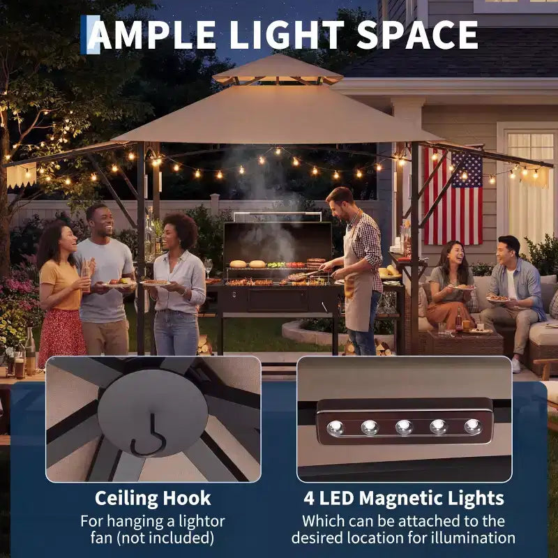 8x5 ft BBQ Grill Gazebo with Adjustable Dual Side Awnings 2-Tier Shelter with 2 Shelves Hooks 4 Lights Steel Frame Canopy for Backyard Garden