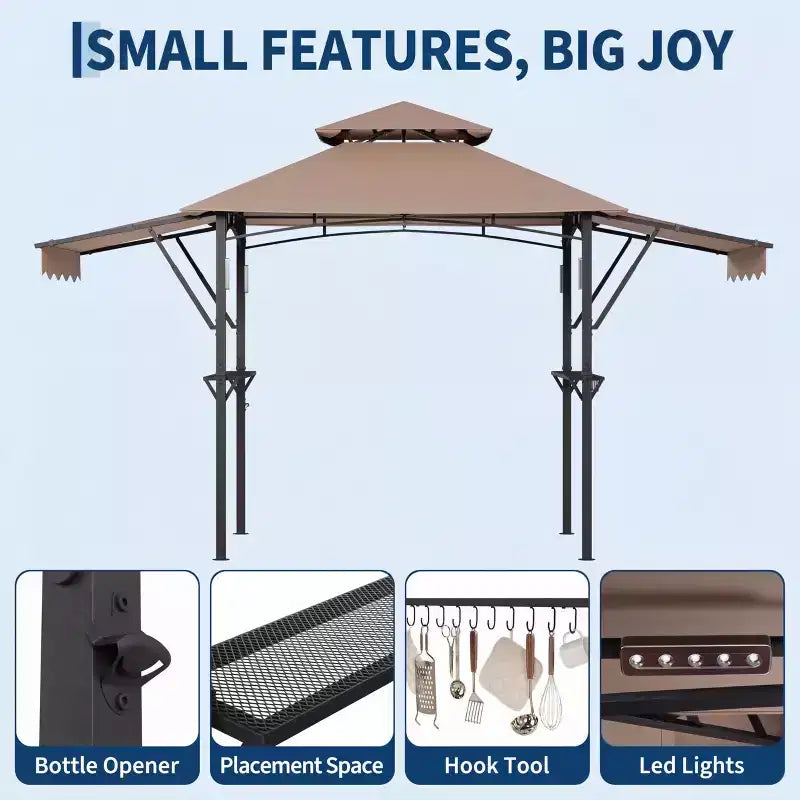 8x5 ft BBQ Grill Gazebo with Adjustable Dual Side Awnings 2-Tier Shelter with 2 Shelves Hooks 4 Lights Steel Frame Canopy for Backyard Garden