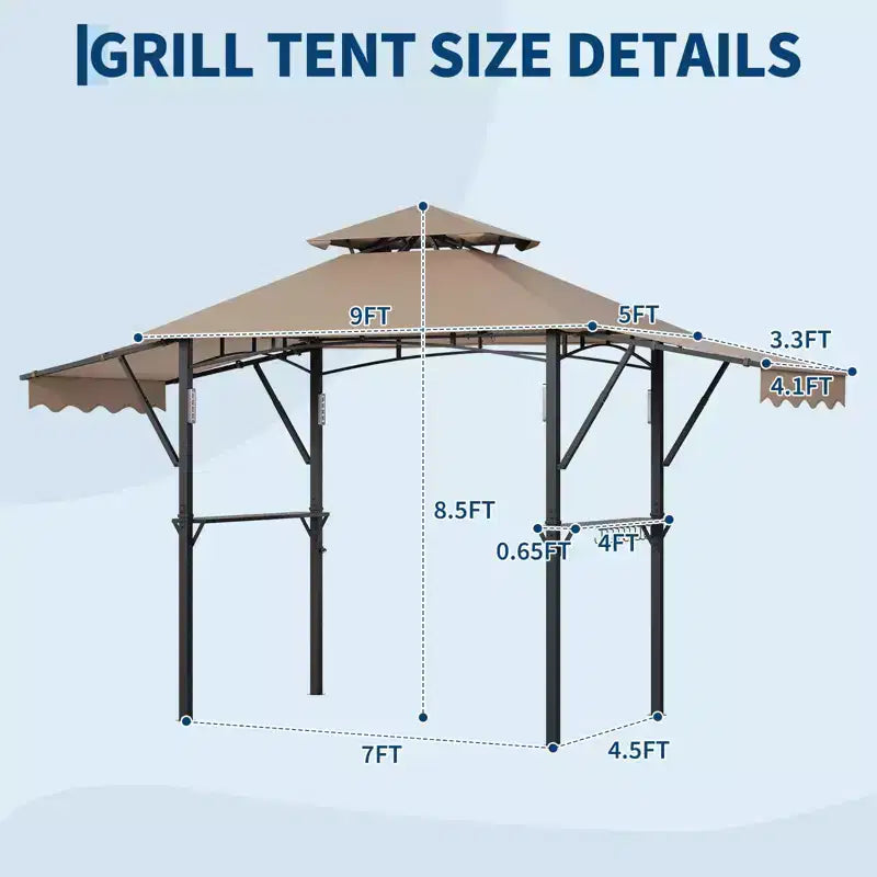 8x5 ft BBQ Grill Gazebo with Adjustable Dual Side Awnings 2-Tier Shelter with 2 Shelves Hooks 4 Lights Steel Frame Canopy for Backyard Garden