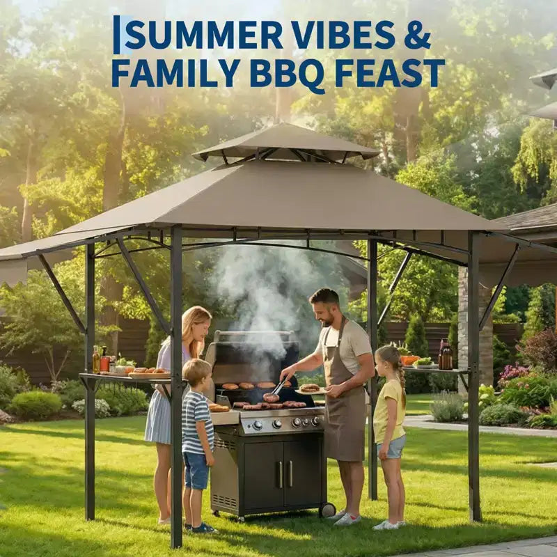 8x5 ft BBQ Grill Gazebo with Adjustable Dual Side Awnings 2-Tier Shelter with 2 Shelves Hooks 4 Lights Steel Frame Canopy for Backyard Garden