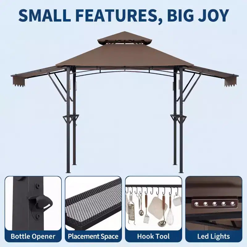 8x5 ft BBQ Grill Gazebo with Adjustable Dual Side Awnings 2-Tier Shelter with 2 Shelves Hooks 4 Lights Steel Frame Canopy for Backyard Garden