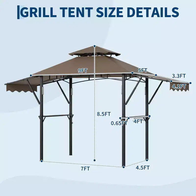 8x5 ft BBQ Grill Gazebo with Adjustable Dual Side Awnings 2-Tier Shelter with 2 Shelves Hooks 4 Lights Steel Frame Canopy for Backyard Garden