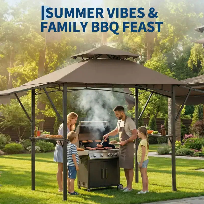 8x5 ft BBQ Grill Gazebo with Adjustable Dual Side Awnings 2-Tier Shelter with 2 Shelves Hooks 4 Lights Steel Frame Canopy for Backyard Garden