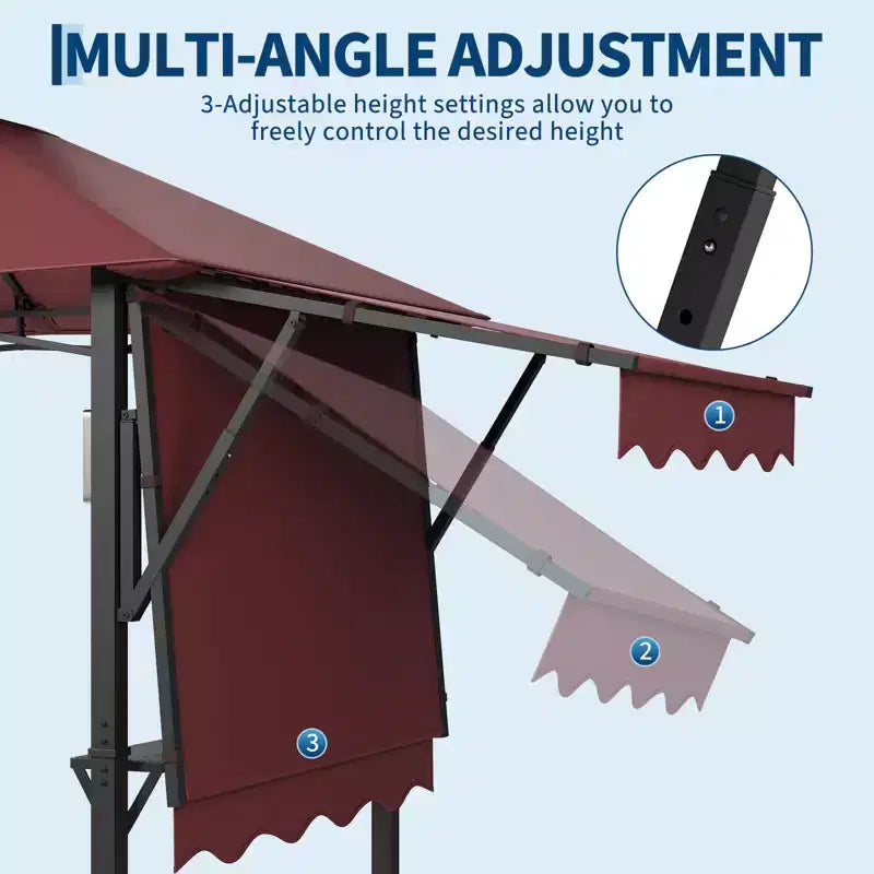 8x5 ft BBQ Grill Gazebo with Adjustable Dual Side Awnings 2-Tier Shelter with 2 Shelves Hooks 4 Lights Steel Frame Canopy for Backyard Garden