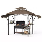 8x5 ft BBQ Grill Gazebo with Adjustable Dual Side Awnings 2-Tier Shelter with 2 Shelves Hooks 4 Lights Steel Frame Canopy for Backyard Garden