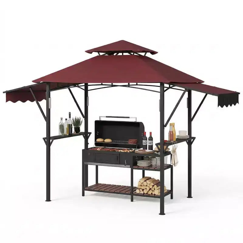 8x5 ft BBQ Grill Gazebo with Adjustable Dual Side Awnings 2-Tier Shelter with 2 Shelves Hooks 4 Lights Steel Frame Canopy for Backyard Garden