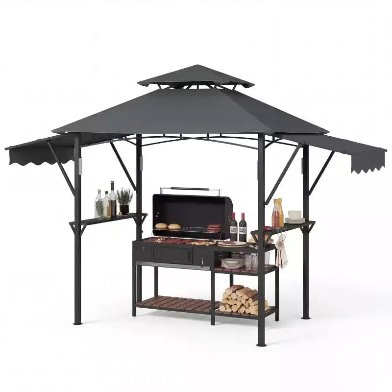 8x5 ft BBQ Grill Gazebo with Adjustable Dual Side Awnings 2-Tier Shelter with 2 Shelves Hooks 4 Lights Steel Frame Canopy for Backyard Garden