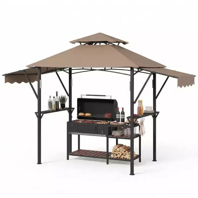 8x5 ft BBQ Grill Gazebo with Adjustable Dual Side Awnings 2-Tier Shelter with 2 Shelves Hooks 4 Lights Steel Frame Canopy for Backyard Garden