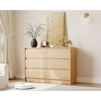 Farmhouse 6 Drawer Dresser, 47 Inch Wide Chest of Drawers with Handle-Less Design, Natural Oak Wooden Storage Cabinet for Bedroom & Living Room