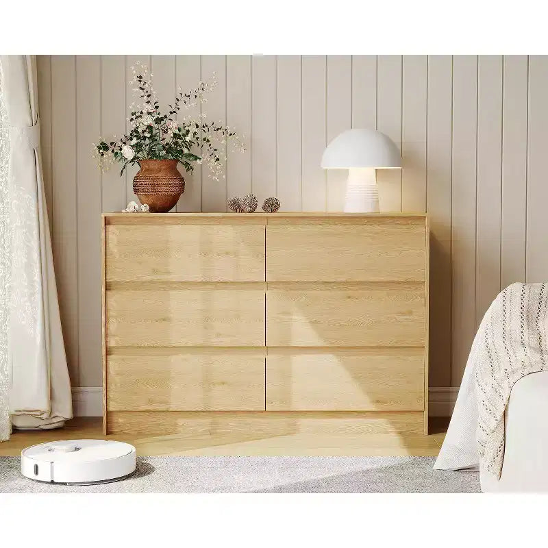 Farmhouse 6 Drawer Dresser, 47 Inch Wide Chest of Drawers with Handle-Less Design, Natural Oak Wooden Storage Cabinet for Bedroom & Living Room
