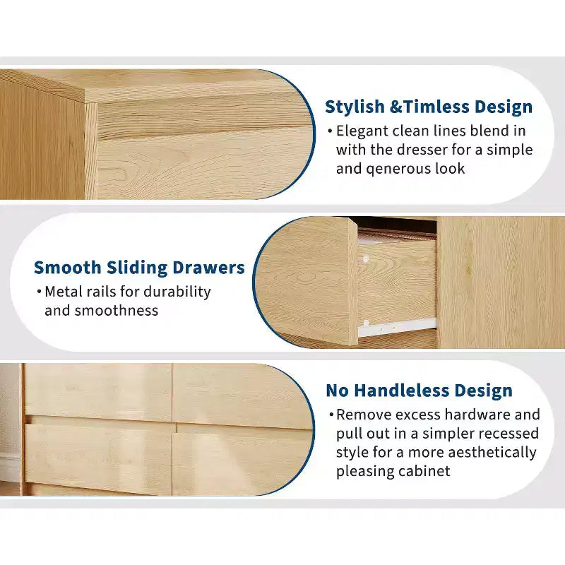 Farmhouse 6 Drawer Dresser, 47 Inch Wide Chest of Drawers with Handle-Less Design, Natural Oak Wooden Storage Cabinet for Bedroom & Living Room