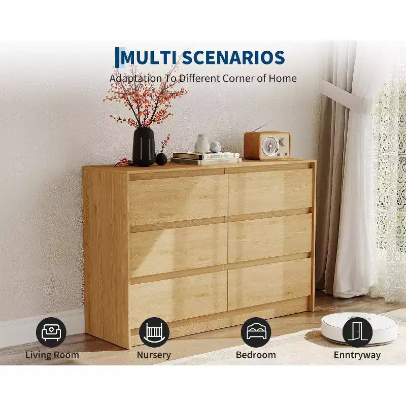 Farmhouse 6 Drawer Dresser, 47 Inch Wide Chest of Drawers with Handle-Less Design, Natural Oak Wooden Storage Cabinet for Bedroom & Living Room
