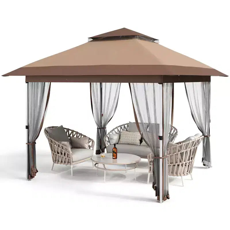 12'x12' Outdoor Gazebo Canopy Tent with 2-Tiered Vented Top, Mosquito Netting & Curtains, Pop Up Shelter for Patio & Backyard