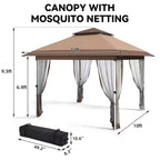 12'x12' Outdoor Gazebo Canopy Tent with 2-Tiered Vented Top, Mosquito Netting & Curtains, Pop Up Shelter for Patio & Backyard