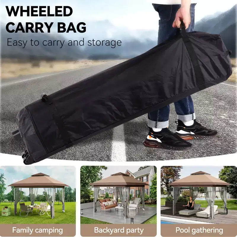 12'x12' Outdoor Gazebo Canopy Tent with 2-Tiered Vented Top, Mosquito Netting & Curtains, Pop Up Shelter for Patio & Backyard