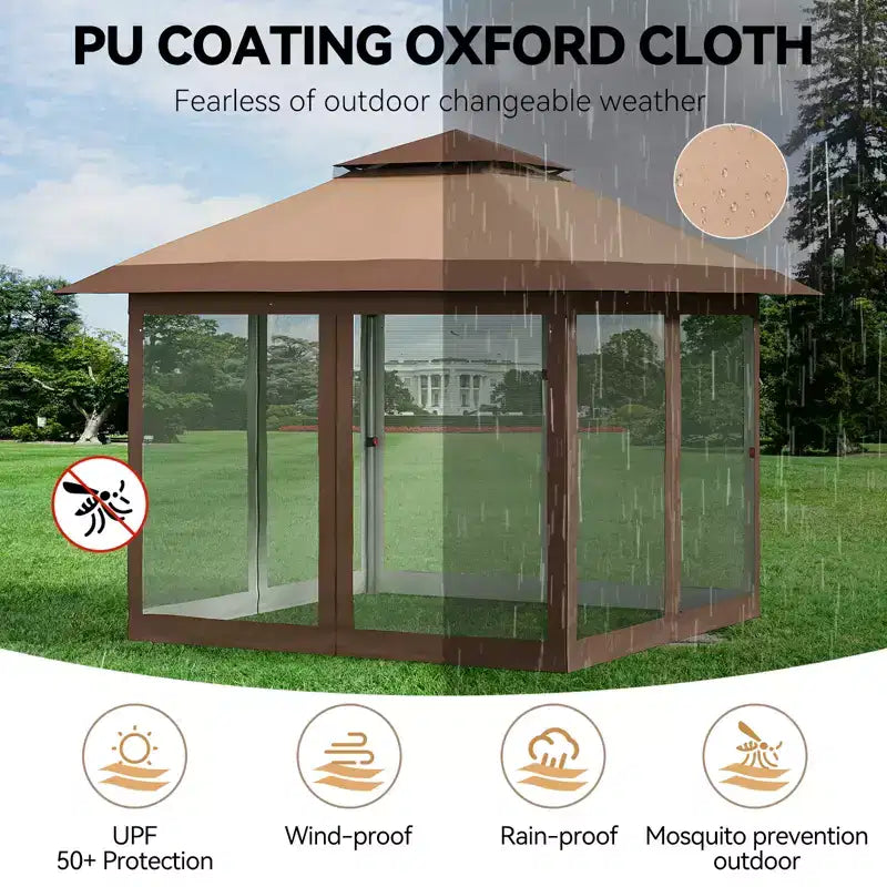 12'x12' Outdoor Gazebo Canopy Tent with 2-Tiered Vented Top, Mosquito Netting & Curtains, Pop Up Shelter for Patio & Backyard