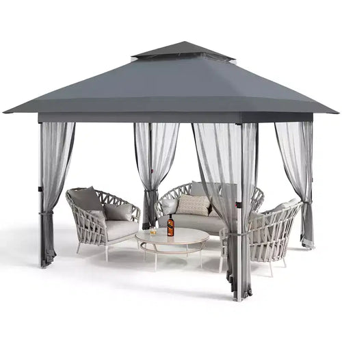 12'x12' Outdoor Gazebo Canopy Tent with 2-Tiered Vented Top, Mosquito Netting & Curtains, Pop Up Shelter for Patio & Backyard