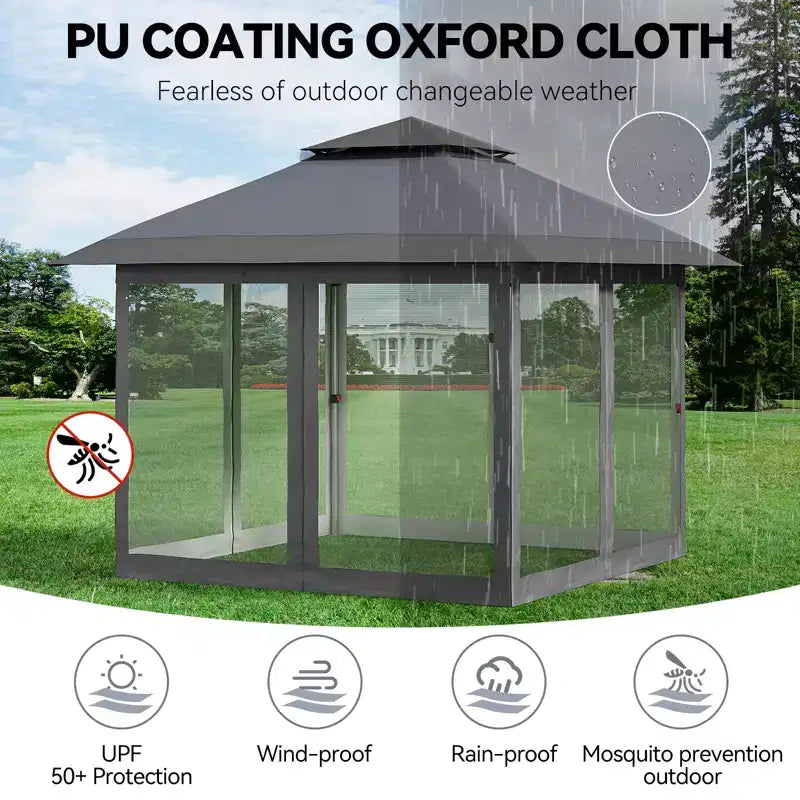 12'x12' Outdoor Gazebo Canopy Tent with 2-Tiered Vented Top, Mosquito Netting & Curtains, Pop Up Shelter for Patio & Backyard