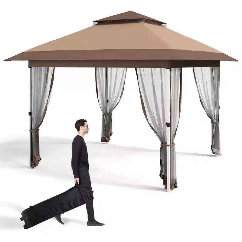 12'x12' Outdoor Gazebo Canopy Tent with 2-Tiered Vented Top, Mosquito Netting & Curtains, Pop Up Shelter for Patio & Backyard