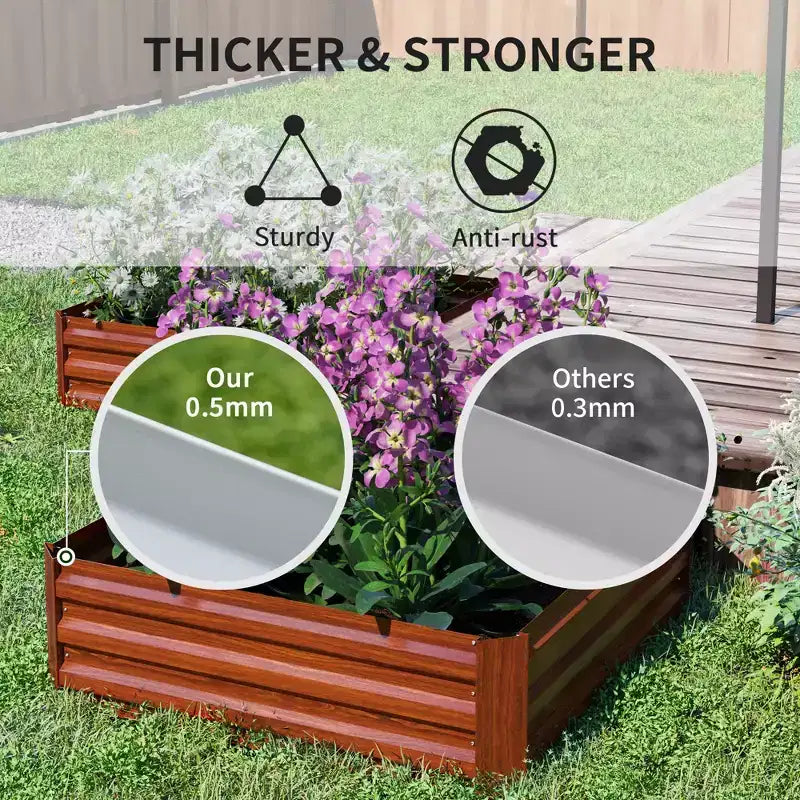 Set of 2 Dark Brown Galvanized Steel Raised Garden Beds, 39.25x39.25x11.75 inch