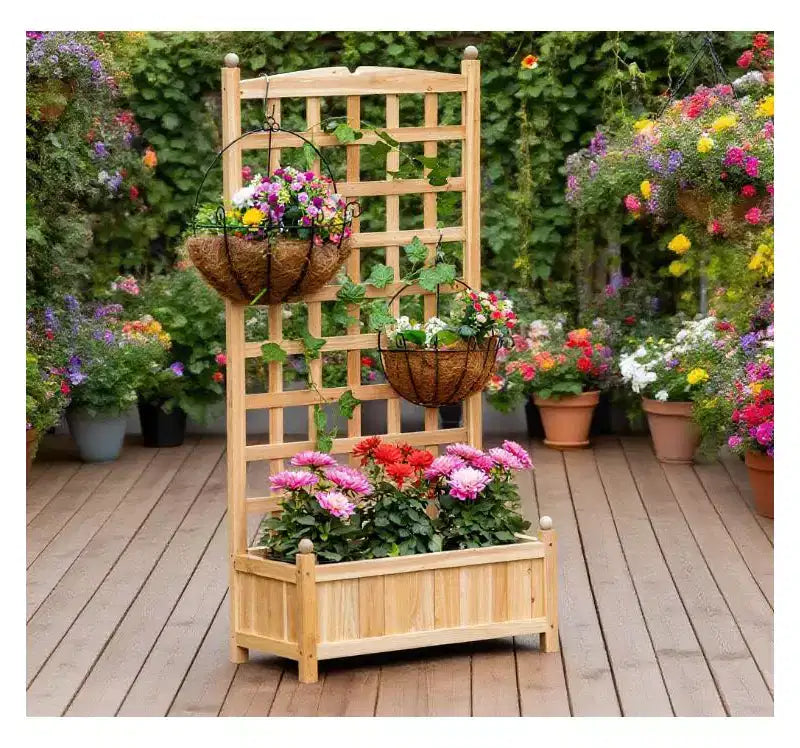 Wooden Raised Garden Bed with Decorative Trellis and Deep Planter Box, 23.5x11.5x49.25 inch