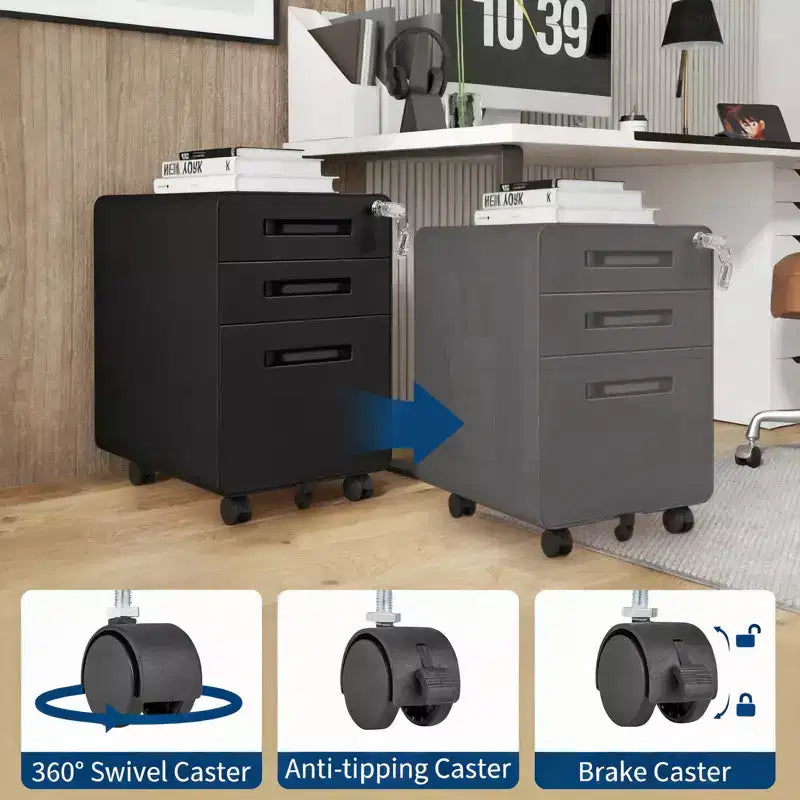 Secure 3-Drawer Metal File Cabinet, Lockable, Fully Assembled, Mobile Under Desk Storage on 5 Wheels, Anti-Tilt, Fits A4/Letter/Legal Files, Black