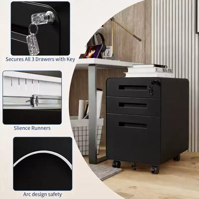 Secure 3-Drawer Metal File Cabinet, Lockable, Fully Assembled, Mobile Under Desk Storage on 5 Wheels, Anti-Tilt, Fits A4/Letter/Legal Files, Black