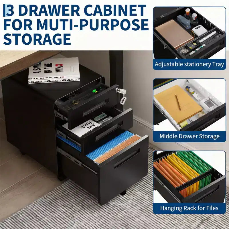 Secure 3-Drawer Metal File Cabinet, Lockable, Fully Assembled, Mobile Under Desk Storage on 5 Wheels, Anti-Tilt, Fits A4/Letter/Legal Files, Black