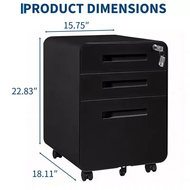 Secure 3-Drawer Metal File Cabinet, Lockable, Fully Assembled, Mobile Under Desk Storage on 5 Wheels, Anti-Tilt, Fits A4/Letter/Legal Files, Black