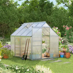Polycarbonate Greenhouse with Aluminum Frame, Walk-in Heavy Duty Green House with Adjustable Roof Vent, Rain Gutter and Sliding Door