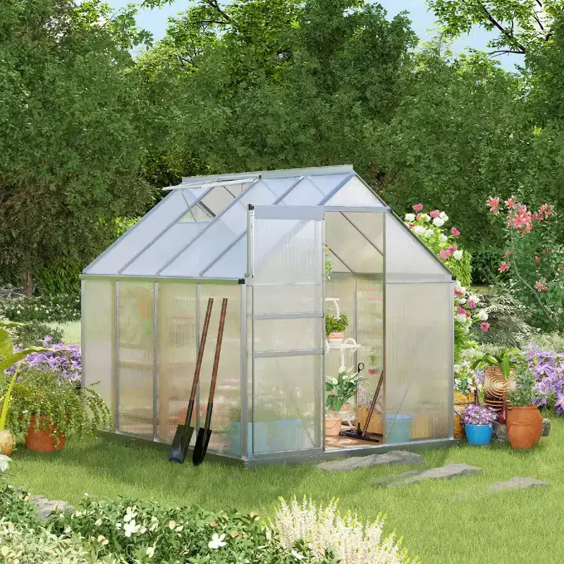 Polycarbonate Greenhouse with Aluminum Frame, Walk-in Heavy Duty Green House with Adjustable Roof Vent, Rain Gutter and Sliding Door