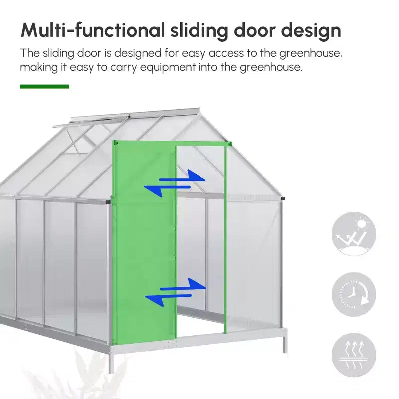 Polycarbonate Greenhouse with Aluminum Frame, Walk-in Heavy Duty Green House with Adjustable Roof Vent, Rain Gutter and Sliding Door