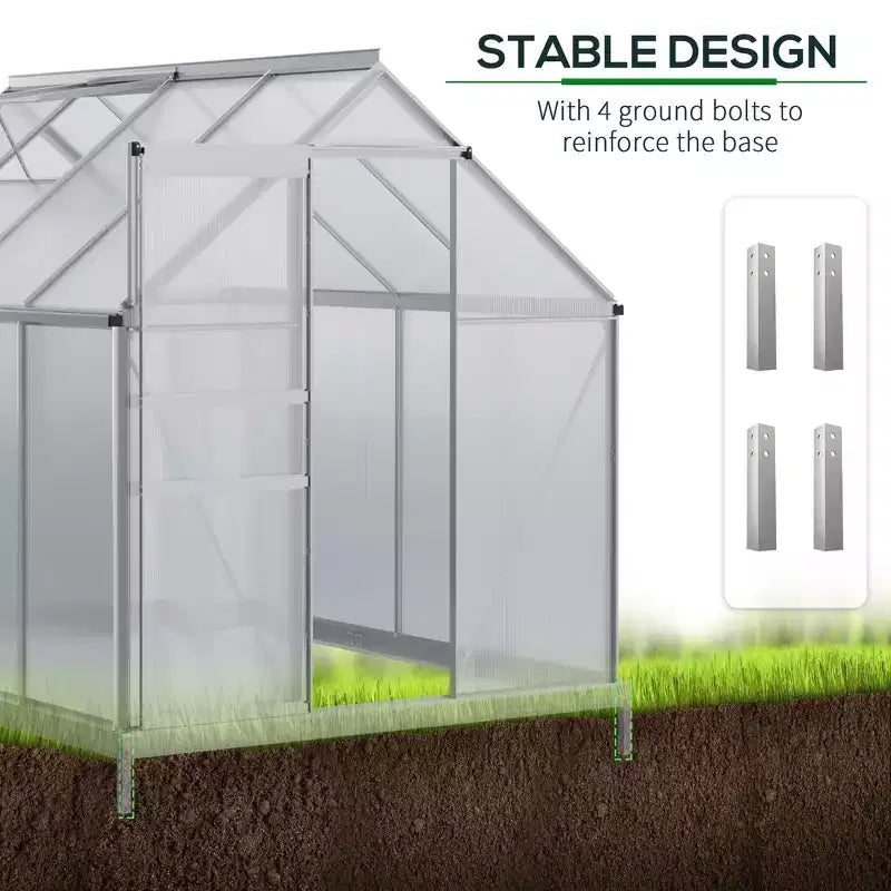 Polycarbonate Greenhouse with Aluminum Frame, Walk-in Heavy Duty Green House with Adjustable Roof Vent, Rain Gutter and Sliding Door