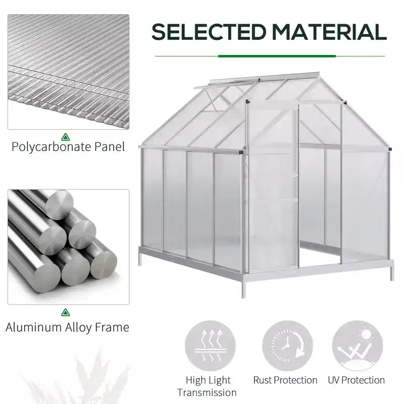 Polycarbonate Greenhouse with Aluminum Frame, Walk-in Heavy Duty Green House with Adjustable Roof Vent, Rain Gutter and Sliding Door