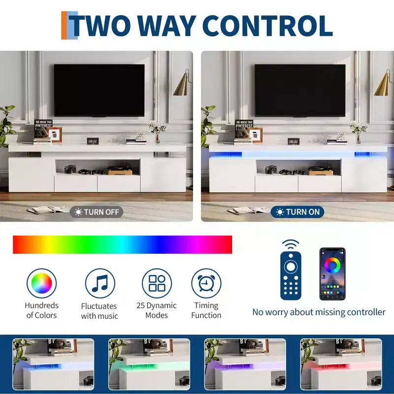 High Gloss TV Stand for 75/80/85 Inch TV, Modern Entertainment Center with Lights & Glass Shelves, Media Console for Living Room & Bedroom